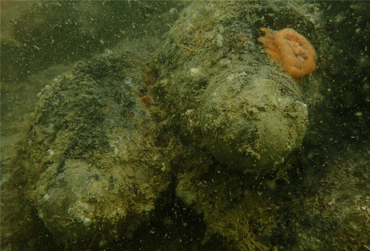 So gefährlich ist gammelnde Weltkriegsmunition für die Meeresumwelt 120-mm-Granaten eines QF-Mk IX-Schiffsgeschützes auf einem Wrack vor der belgischen Küste.