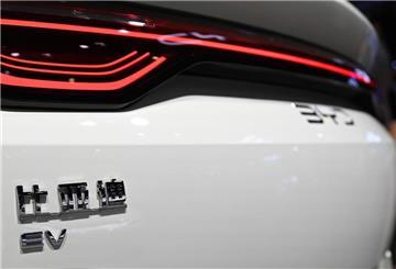 Am Heck eines Elektroautos steht in chinesischen Schriftzeichen Bi Ya Di - der chinesische Name von BYD.