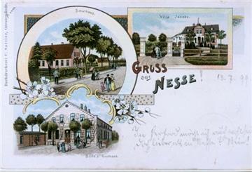 1899 wurde diese Ansichtskarte aus Nesse verschickt, die prägende Gebäude zeigt.