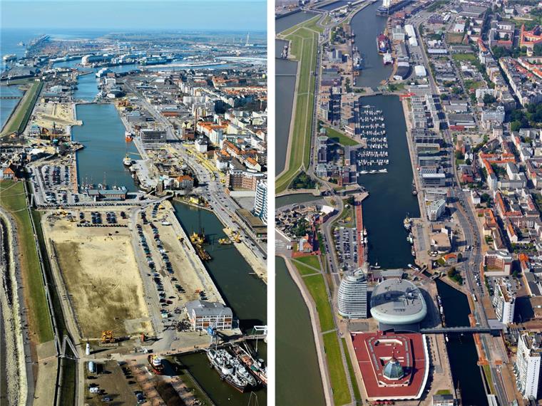 Bremerhaven: Zwischen diesen Bildern liegen nur 15 Jahre 2005 noch sandige Einöde, ziehen die Havenwelten heute hunderttausende Besucher im Jahr an.