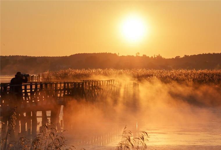 Experten sehen deutliche Warnsignale! Deshalb droht 2025 ein extremer Hitzesommer Ein Mann fotografiert kurz nach Sonnenaufgang auf dem 1,5 Kilometer langen Federseesteg den Federsee. Die Sonne färbt den Morgennebel gelblich ein.