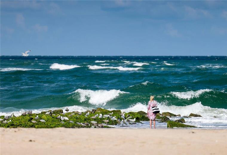 Pflegekraft gesucht: Dieser Job führt dich auf eine einsame Nordsee-Insel Eine Frau steht bei sommerlichem Wetter am Strand und schaut auf die Nordsee-Brandung.