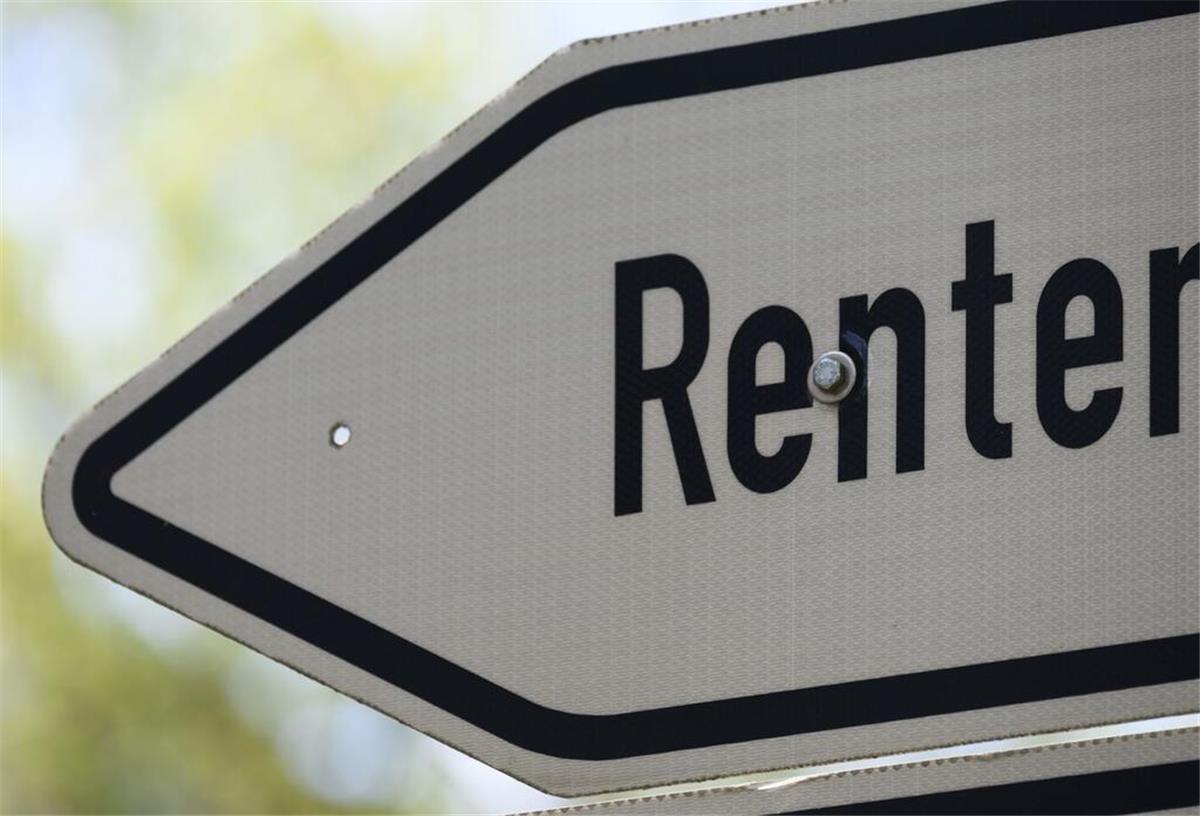 Ein weißes Straßenschild mit "Rente darauf.