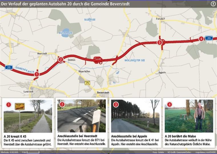 Die Knackpunkte der A20 in der Gemeinde Beverstedt Aktueller Planungsstand: Die A 20-Trasse quert die K 45, die B 71, die L 128 und die K 41. Nördlich von Beverstedt ist eine Raststätte geplant. Grafik Gausmann