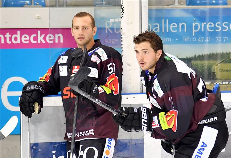 Fischtown Pinguins trainieren bereits in Heerenveen Alex Friesen (links) und Justin Feser von den Fischtown Pinguins aus Bremerhaven müssen beim Turnier in Heerenveen gegen Düsseldorf ran.