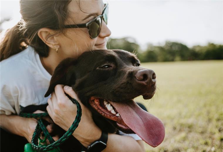 Mehr Kosten für Tierhalter im Cuxland: Tierarzt wird teurer Eine Frau mit Sonnenbrille umarmt einen braunen Hund.