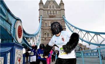 Als Gorillas verkleidete Aktivisten laufen während des "Great Gorilla Run" über die Tower Bridge in London. 