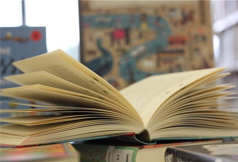 Ein Buch liegt aufgeschlagen auf einem anderen Buch.