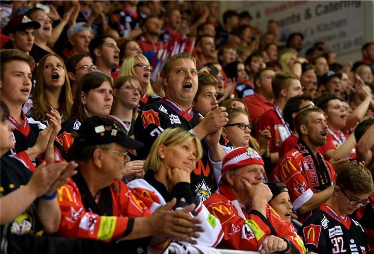 Eishockey: DEL, Fishtown Pinguins Bremerhaven - Grizzlys Wolfsburg (2:3), Hauptrunde, 1. Spieltag am 16.09.2016 in Bremerhaven (Bremen). Die Fishtown-Fans feiern ihre Mannschaft trotz der knappen Niederlage. Die Wolfsburger gewannen das Spiel mit 2:3