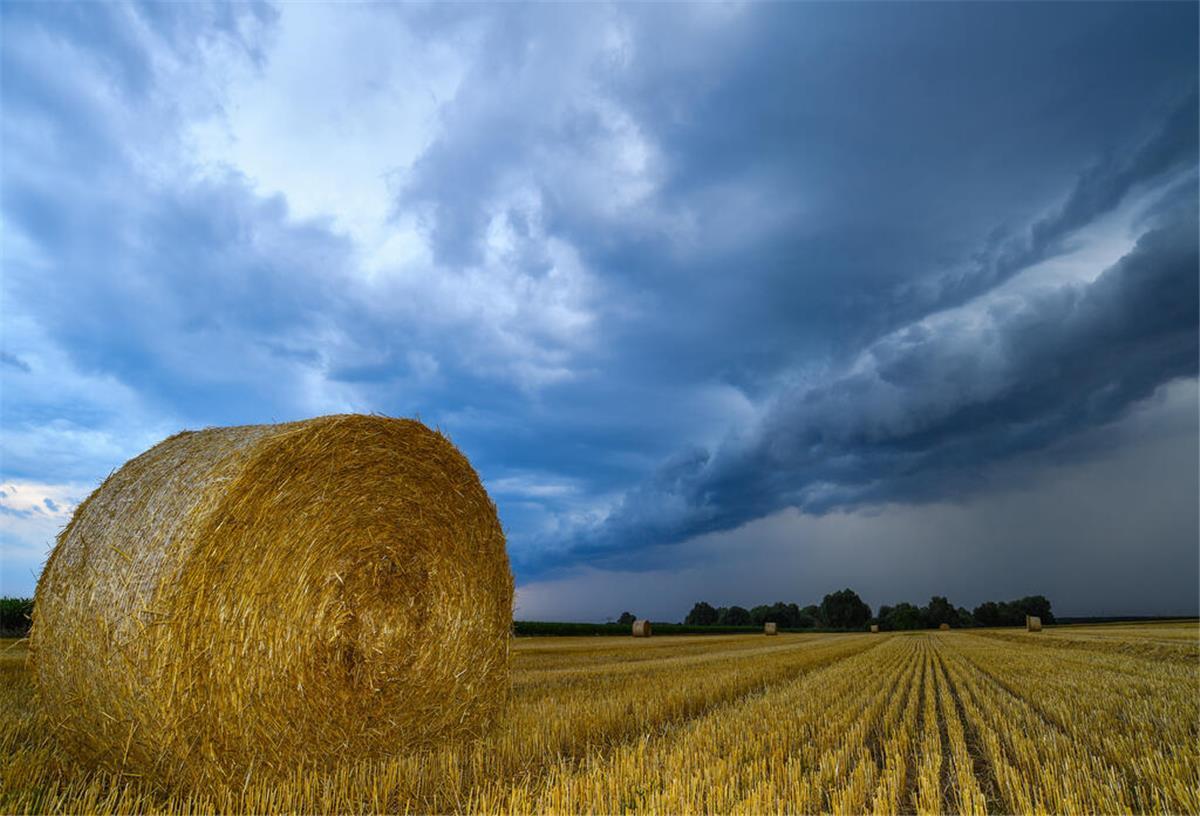 Ein Heuballen liegt auf einem Feld. Am Himmel sind Gewitterwolken zu sehen. 