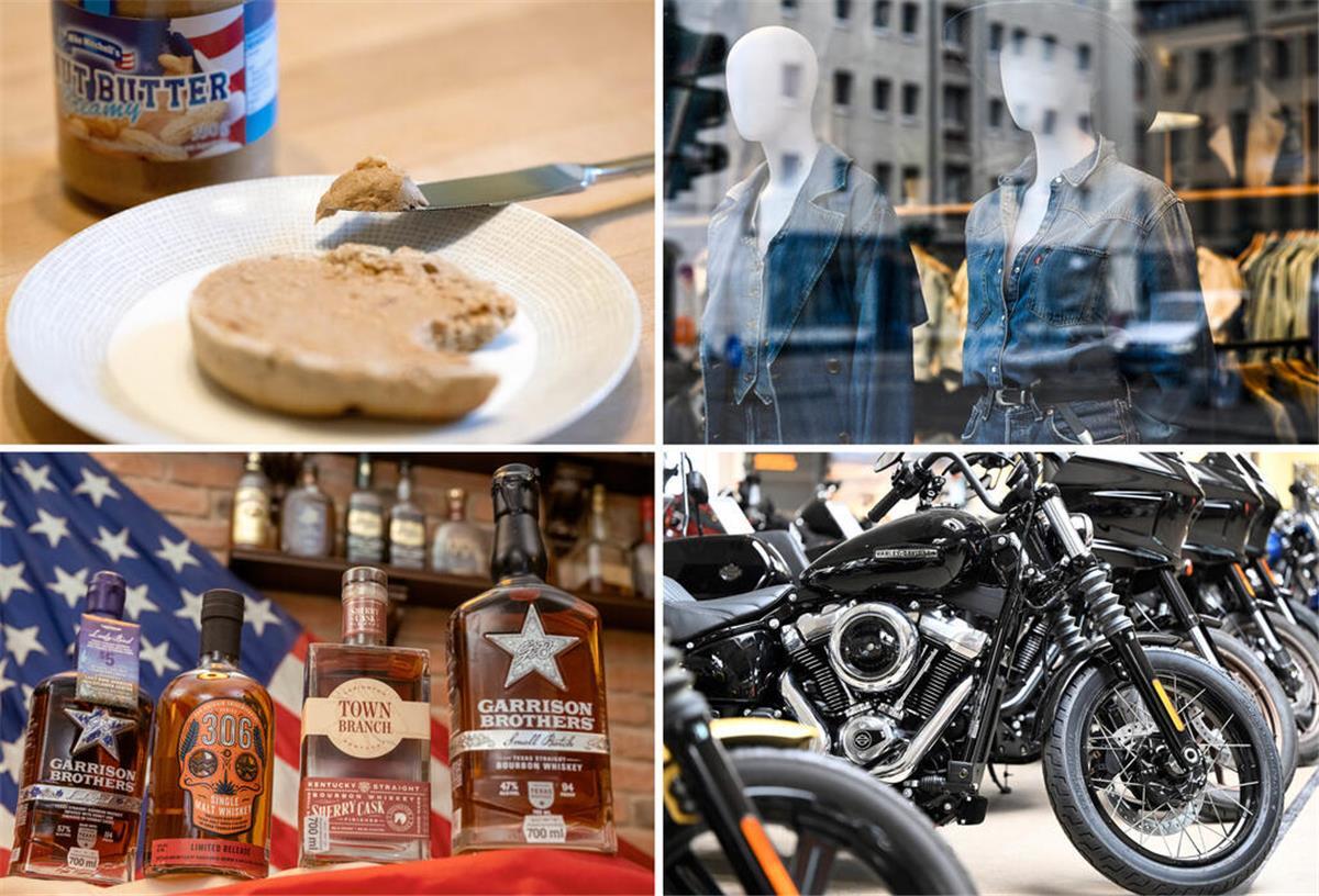 Amerikanische Produkte wie Erdnussbutter, Jeans, Bourbon Whiskey und Harleys.