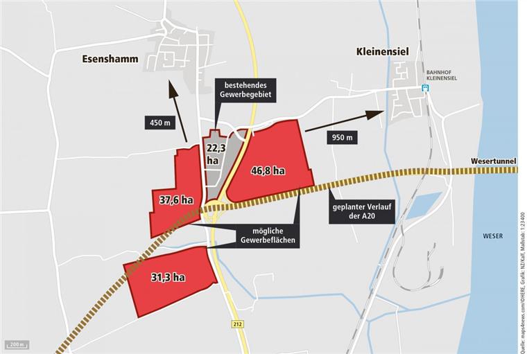 An der zukünftigen Küstenautobahn A 20 gibt es vier Flächen, die sich aus Sicht der Raumplaner für das neue große Gewerbegebiet eignen würden. Teil dieser Fläche wäre das kleine bereits bestehende Gewerbegebiet am Wesertunnel.