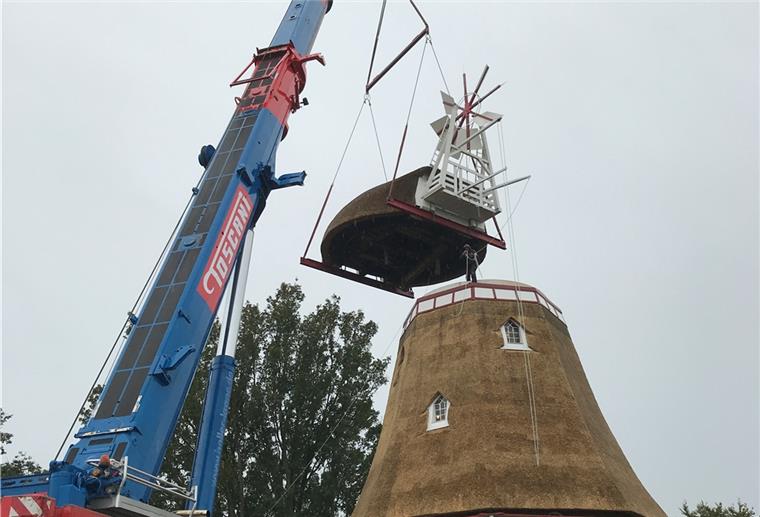 Sanierung der Beerster Mühle abgeschlossen An einer Kette zieht der Dachdecker die sanierte Reetdach-Haube der Beerster Mühle an ihren ursprünglichen Platz.