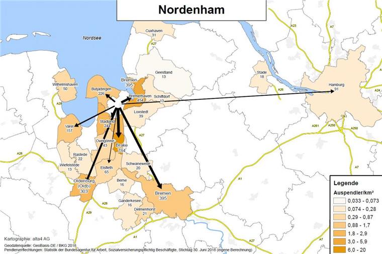 Anhand von Karten lässt sich ablesen, in welche Kommunen die Nordenhamer zum Arbeiten pendeln.