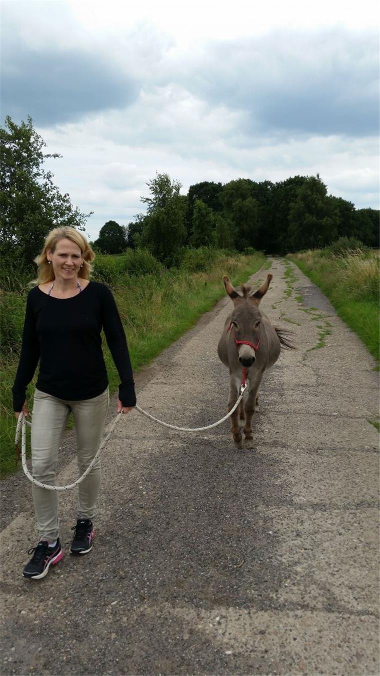 Iiii-Aaaa! Wittstedterin geht am liebsten mit einem Esel Gassi Anke Middelberg beim Spaziergang mit Hausesel „Wallace“. Er ist schüchtern und findet besonders Pferde unheimlich. Aber wenn man ihm Mut zuspricht, dann fasst er sich ein Herz.