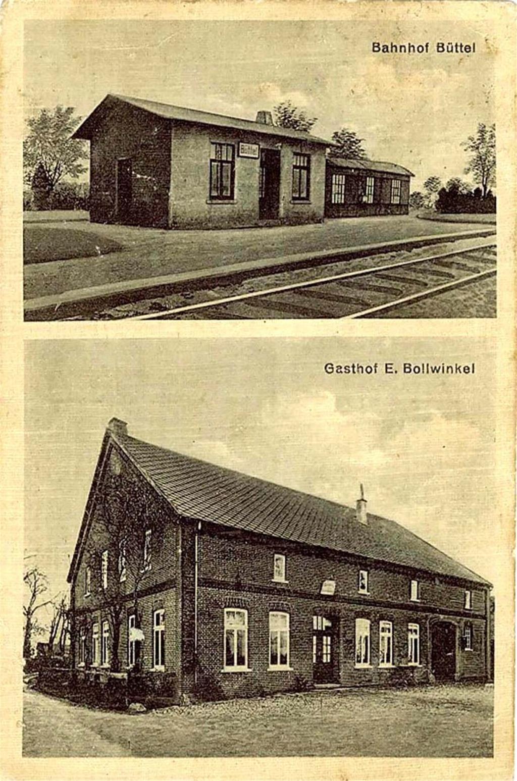 Ansichten aus Büttel zeigt diese alte Postkarte. Oben ist der ehemalige Bahnhof ...