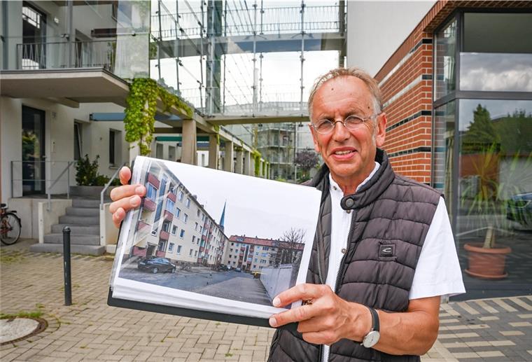 100 Millionen Euro in Bremerhaven investiert Architekt Hans-Joachim Ewert zeigt, wie es früher an der Neuelandstraße ausgesehen hat. Heute gucken die Mieter auf Glas und Grün.