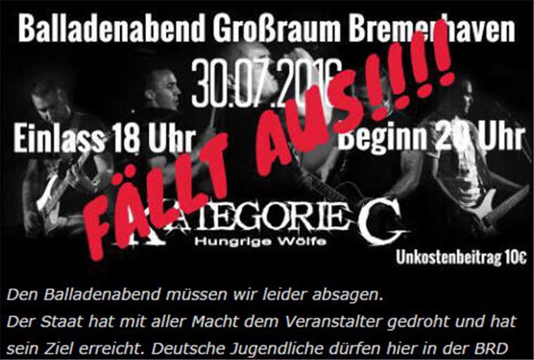 Auch auf der Homepage der vom Verfassungsschutz als rechtsextrem eingestuften Band wird verkündet: Das Konzert fällt aus. Die Rede ist nur vom Großraum Bremerhaven. Der Ort Beverstedt wird nicht genannt.