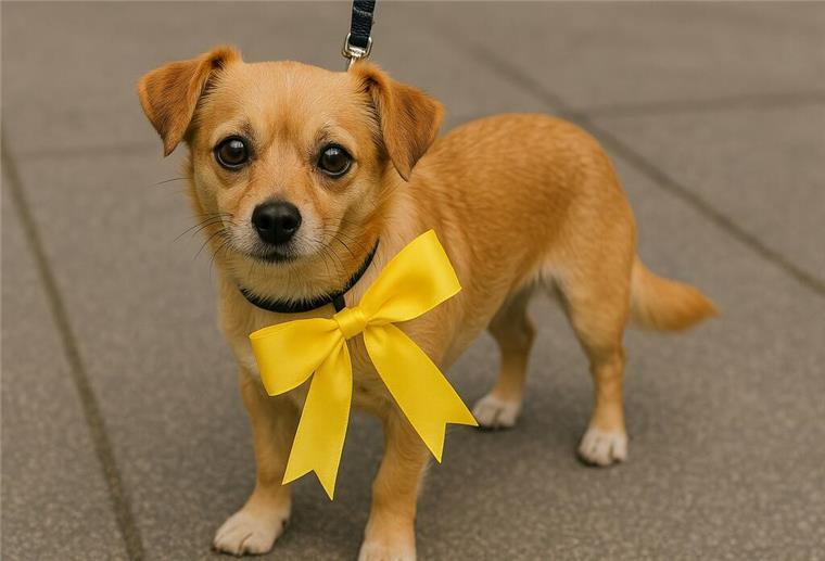 Ein kleiner Hund trägt eine gelbe Schleife. Auch in Deutschland sieht man immer mehr Hunde mit einem gelben Halstuch oder einer gelben Schleifen. 