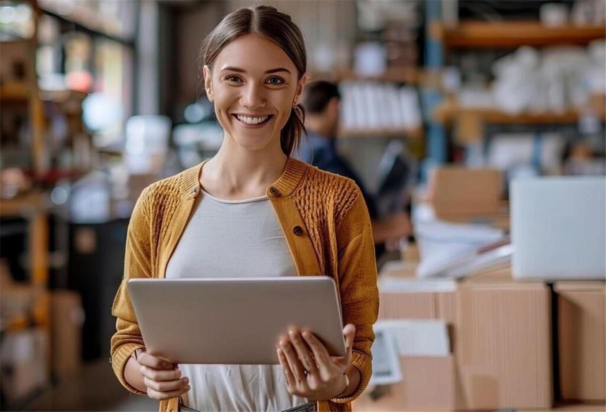 Das müssen Ecommerce Händler zum Start ihres Onlineshops wissen Junge Frau mit Tablet in einem Online-Versand-Lager.