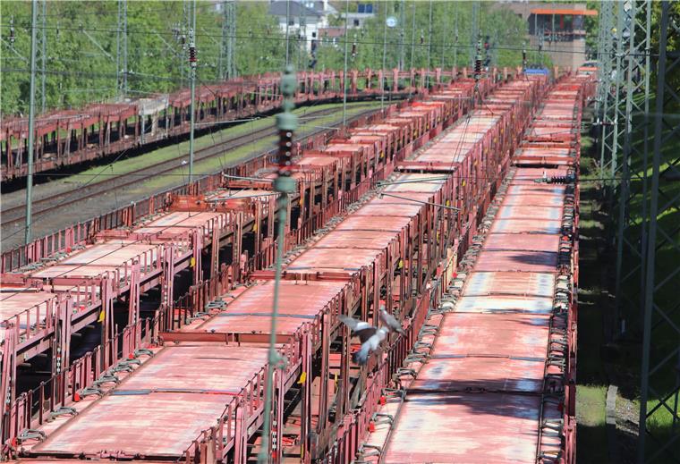 Nordenham als Corona-Parkplatz für Güterwaggons Auf den Abstellgleisen am Nordenhamer Bahnhof stehen etliche Autotransportwaggons. Foto: Lorenz