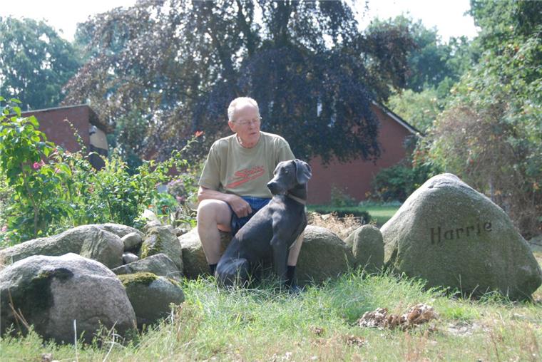 Apeler: Das wahrscheinlich letzte Dorf ohne Straßenlaternen Auf den Findlingen vor seinem Bauernhaus genießt Hans-Georg Harrie mit dem Weimaraner-Rüden Pluto das Sommeridyll. Der Hof ist einer von fünfen, die früher die Bauernschaft am sogenannten Freien Damm Apeler bildeten. Foto Fixy