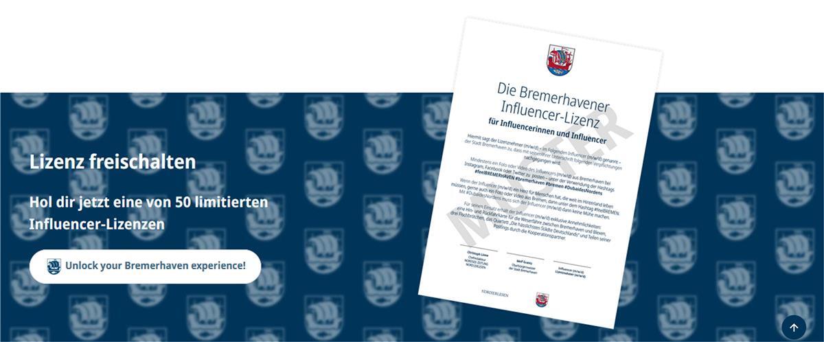 Influencer-Lizenzen für Bremerhaven sind gefragt Auf der Internetseite feelBREMERHAVEN.de ist die Influencer-Lizenz abgebildet.