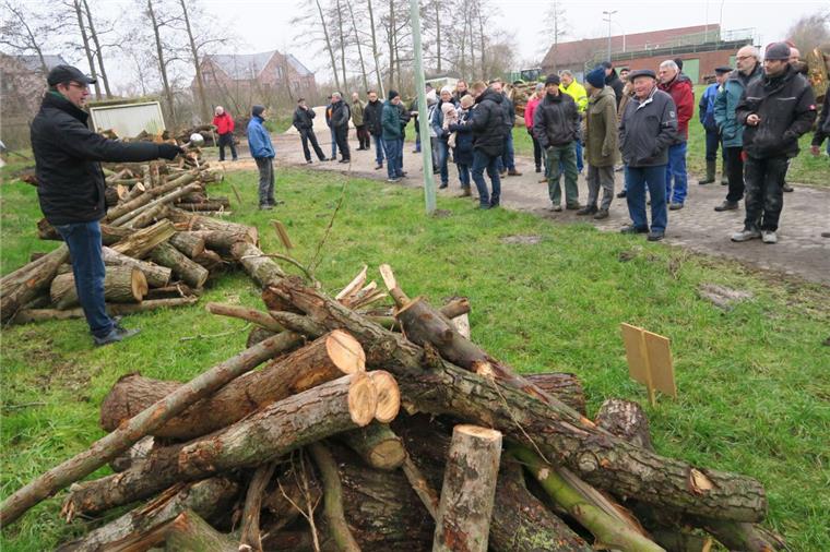 Auktion in Burhave: Sturmholz wird versteigert Auktionator Dirks Warns schwang die Suppenkelle und versteigerte die Holzstapel.