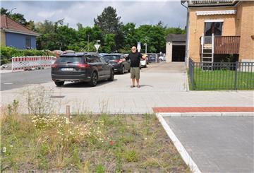 Axel Oschmann versteht die Welt nicht mehr: Bei der Wiederherstellung der Claus-Groth-Straße ist direkt vor die Auffahrt zu seinem Haus ein Blumenbeet angelegt worden.
