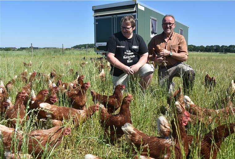 Bäckermeister unterstützt Landwirte aus der Region Das Bild zeit Landwirt Hans Peter Meinke und Bäckermeister inmitten einer Hühnerschar.