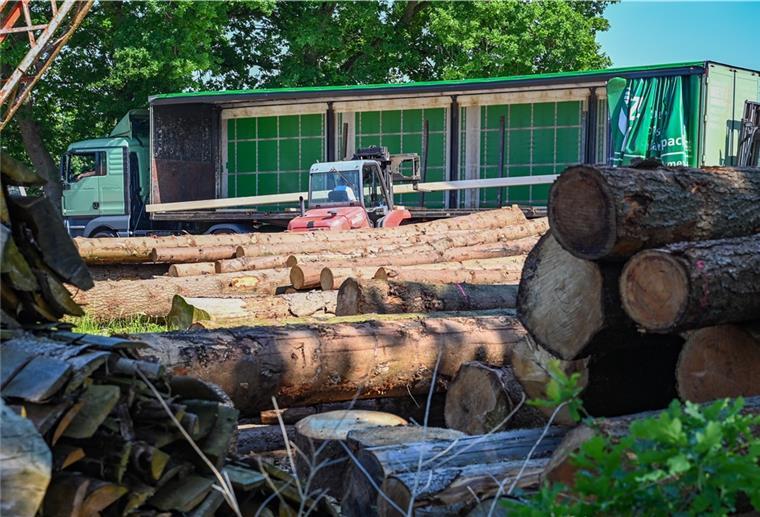 Unternehmen leiden unter hohen Baustoffpreisen Baustoffe sind jetzt sehr teuer. So auch das Holz der Zimmerei von Claus Hillebrandt in Köhlen, mit dem Mitarbeiter Andreas Cassens arbeitet.