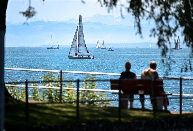 2022 war eines der beiden wärmsten Jahre - und das sonnigste Überlingen Am Bodensee: Mehrere Boote segeln vor Überlingen auf dem Bodensee, während im Hintergrund Konstanz und die Alpen zu sehen sind.