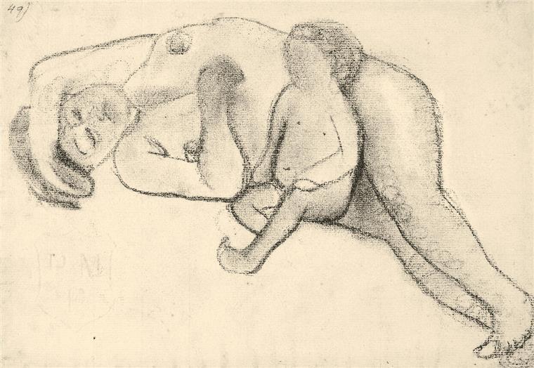 Vivian Greven und Paula Modersohn-Becker in einer Ausstellung in Bremen Bei den Vorstudien zu dem großen Ölgemälde „Liegende Mutter mit Kind“ malt Paula Modersohn-Becker Mutter und Kind als getrennte Körper, in dieser Studie sitzt die Kleine noch aufrecht.