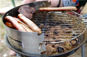 Auf einem Grill liegen Würstchen und Fleisch.