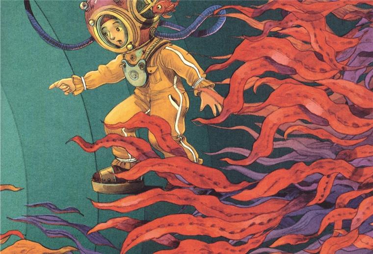 Kinderbuch erzählt von kleinem Taucher im Meer Illustration Emilio und das Meer