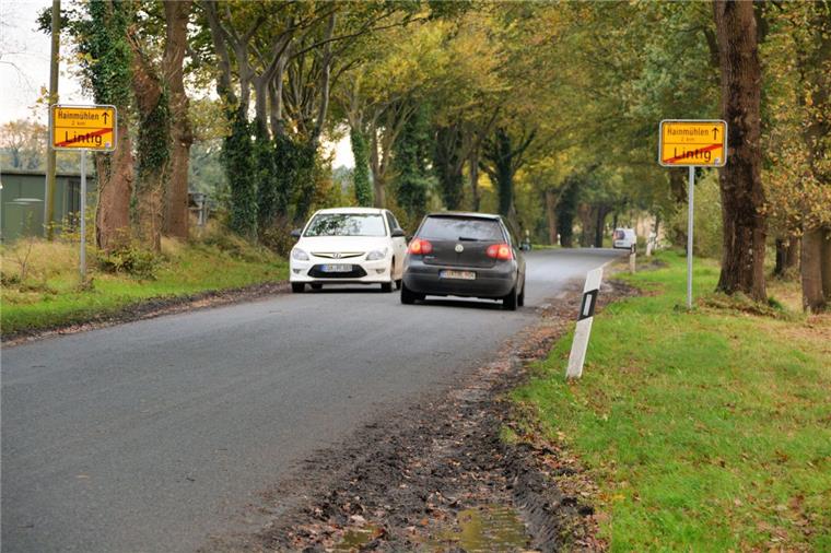 Lintig: Anwohner wollen Tempolimit für L116 Beim Begegnungsverkehr wird es eng auf der Hainmühlener Straße. Der aufgeweichte Seitenstreifen ist durch Ausweichmanöver auf der gesamten Länge der Straße wie durchgepflügt, die weiße Randmarkierung ist kaum noch zu sehen..
