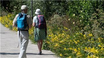 Besucher gehen auf der Landesgartenschau an blühendem Sommerflor vorbei.