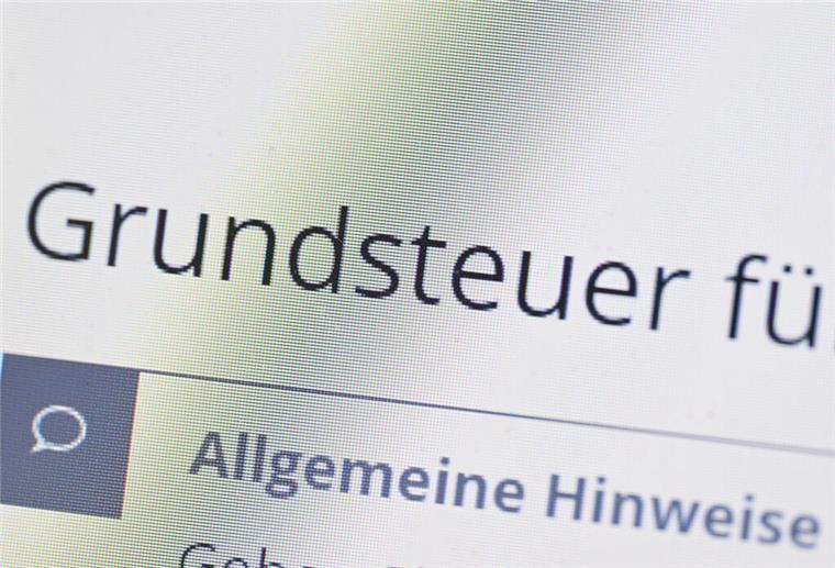  Das Wort Grundsteuer erscheint auf einem Computerbildschirm auf der Seite des Online-Steuerportals Elster. 