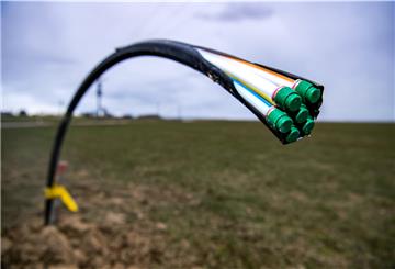 Ein Leerrohr für Glasfaser ragt aus einem Acker 