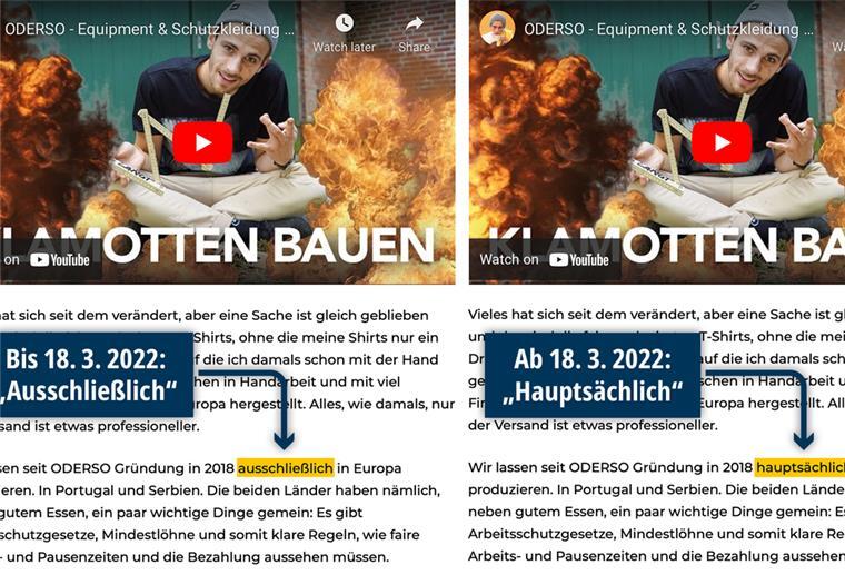 Auch Kliemanns Oderso-Mode kommt doch nicht nur aus Europa Bis zum 18. März garantierte Fynn Kliemanns Mode-Label Oderso, dass es seit seiner Gründung "ausschließlich" in Europa produziert. Seither spricht Oderso einschränkend von "hauptsächlich". Was das heißt, lässt Kliemann unklar.