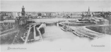 Blick auf Dochschleuse und Neuen Hafen 1870. Foto Stadtarchiv