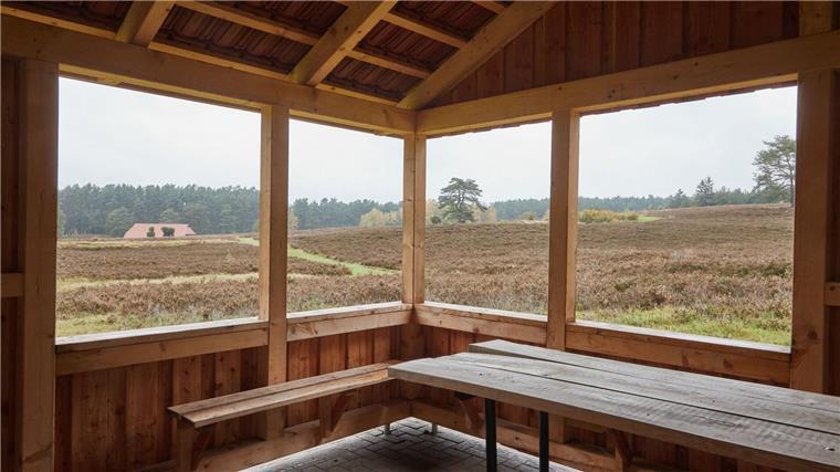 Posse um Schutzhütte in Lüneburger Heide Blick aus einer Schutzhütte in Kronsbergheide in die Heidelandschaft.