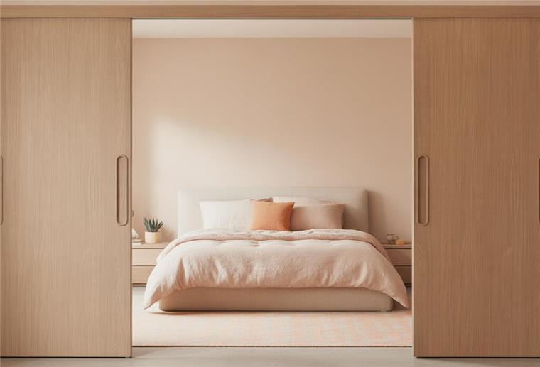 Perfekte Ordnung - Warum ein aufgeräumtes Schlafzimmer für besseren Schlaf sorgt Blick in den Spiegel des Schlafzimmerschranks.
