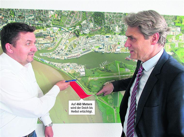 Bremenports-Chef Roland Howe (rechts) und Ingenieur Martin Brandt  erklären, in welchem Abschnitt des Deichs jetzt gebaut wird.