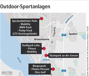 Bremerhaven bietet viele Möglichkeiten, sich an der frischen Luft sportlich zu betätigen. Die Karte zeigt eine Übersicht, wo welche Sportart möglich ist.