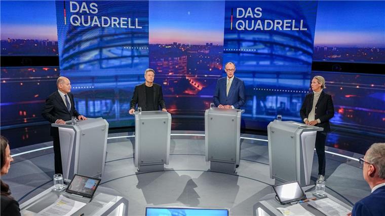 TV-Quoten: RTL-Quadrell vor ARD-„Tatort“ Bundeskanzler Olaf Scholz (SPD), Robert Habeck (Bündnis 90/Die Grünen), Friedrich Merz, Unions-Kanzlerkandidat und CDU-Chef, sowie Alice Weidel, Fraktionsvorsitzende der AfD, nahmen Sonntagabend am „Quadrell“ von RTL teil.