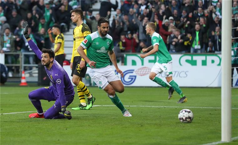 Claudio Pizarro (Mitte) hat den Treffer zum 2:2 erzielt während Torwart Roman Bürki (links) aus Dortmund reklamiert. 