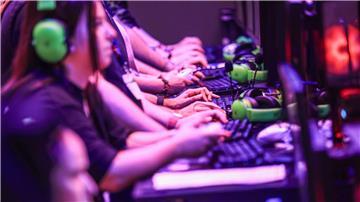 Computerspielerinnen und Computerspieler sitzen im August 2024 bei der Messe Gamescom vor Bildschirmen. 