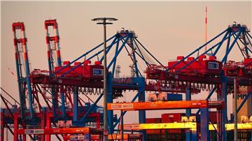 Container werden am Hamburger Terminal Burchardkai gelagert und verladen.