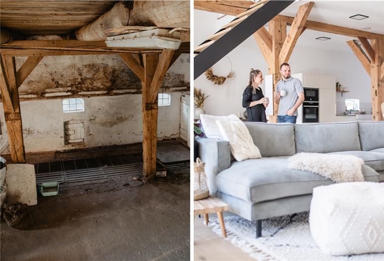 DIY-Traumhaus: Paar im Cuxland baut Resthof um Da wo früher ein heruntergekommener Kuhstall war, befindet sich heute das romantisch-moderne Wohnzimmer von Mascha und Tobias Lühning aus dem Cuxland.